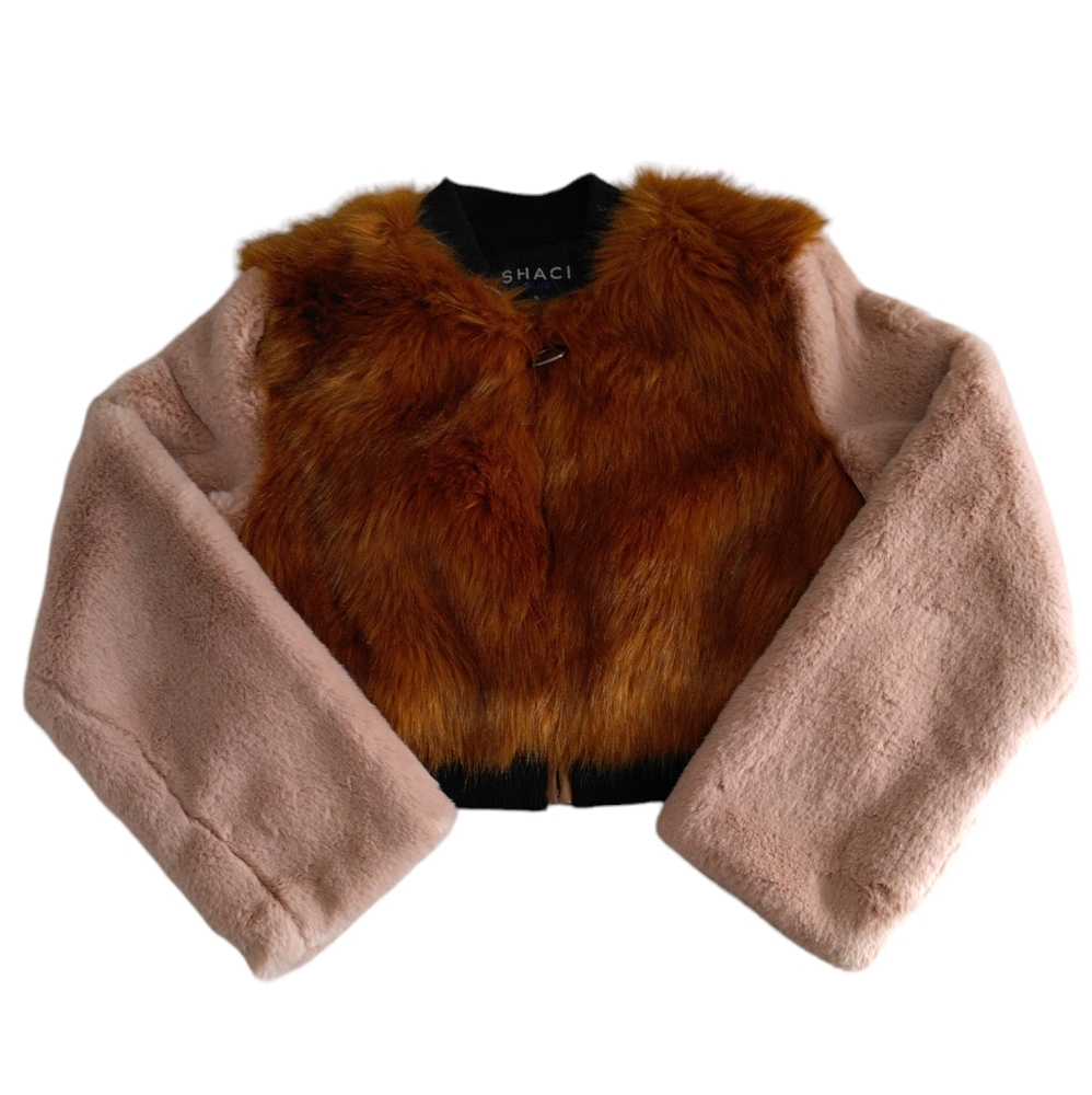 Shaci Blue Faux Fur Colorblock Crop Jacket Womens Small